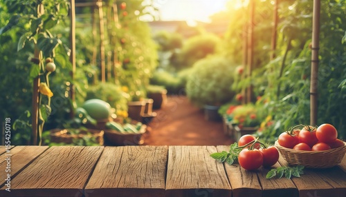 Empty wooden table of tomato garden with blurred background