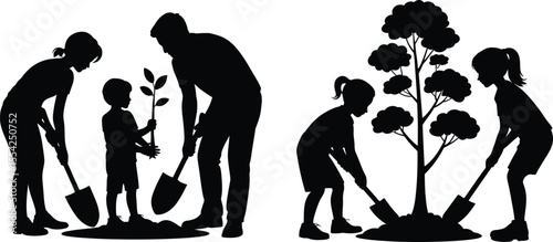 Family planting tree silhouette vector set with parent and child gardening for environment, nature, and care design