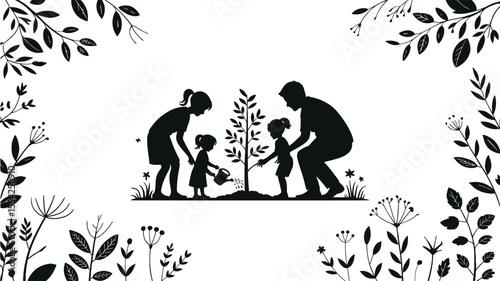 Family gardening and planting tree silhouette vector collection with parent and child for environment and care design