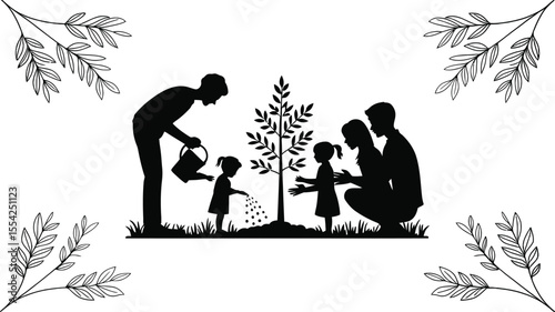 Family planting tree silhouette vector set with parent and child watering and gardening for environment and care