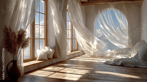 Natural home interior with white linen curtains gently blowing in wind, soft sunlight filling minimal room with wooden floor and white wall, airy bright space for lifestyle or design visuals