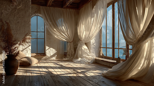 Airy minimal home interior with floating linen curtains, sunlight on wooden floor, and white wall background, ideal soft natural space for architecture, interior design, or home living themes