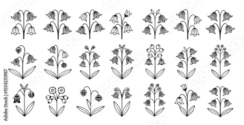 Collection of stylized bluebell flowers in a simple line art silhouette style