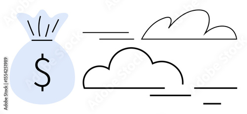 Money bag with dollar sign and abstract cloud shapes suggesting finance, cloud technology, savings, or data integration. Ideal for business, innovation, finance, cloud computing, banking savings