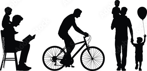 Father and child silhouette vector collection with reading, cycling, and walking for family, parenting, and activity design