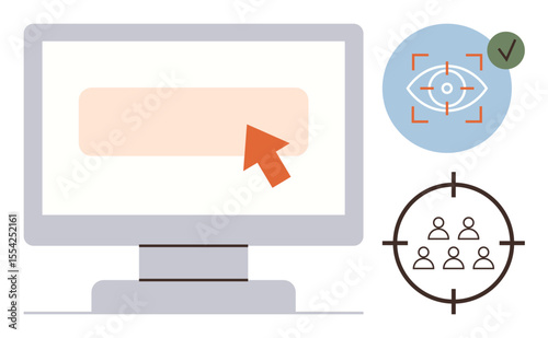 Computer monitor with pointer clicking, focus on target audience and vision. Ideal for digital marketing, design strategy, user experience, audience targeting, technology analysis, goal setting