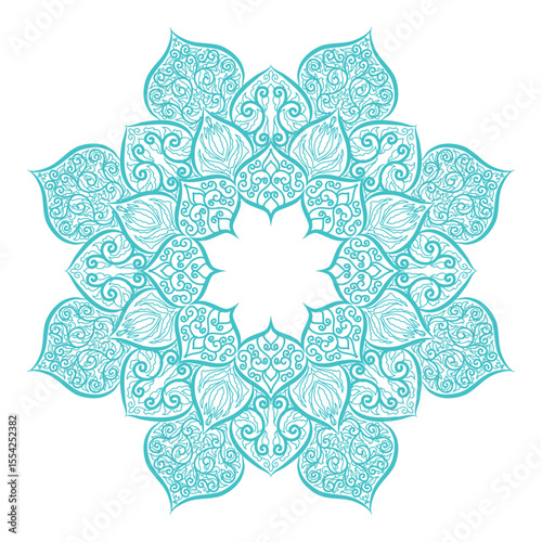 Ornamental mandala design in floral pattern with intricate lines, abstract decorative motif, ethnic circular artwork on white background