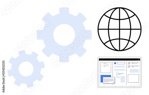 Gears symbolize system functionality, globe represents global connection, browser interface conveys digital tools. Ideal for technology, software, integration, globalization, internet, process