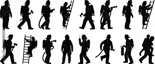 Firefighter silhouette vector set with hose, axe, helmet, and ladder for emergency, safety, and hero illustration