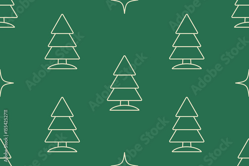 Christmas tree isolated on a green background. White outline drawing. Seamless pattern under clipping mask, convenient for editing. Background for paper, textile, gift wrap.