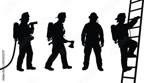 Firefighter silhouette vector collection with hose, axe, helmet, and ladder for emergency, safety, and hero design