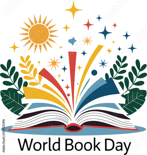 World Book Day Illustration Colorful Open Book with Magical Elements