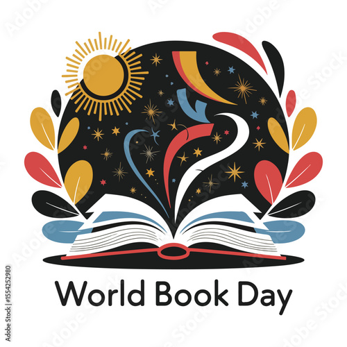 World Book Day Illustration Colorful Open Book with Magical Elements