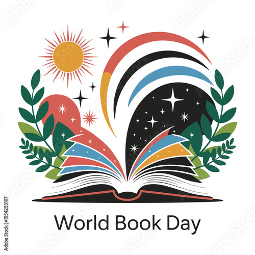 World Book Day Illustration Colorful Open Book with Magical Elements