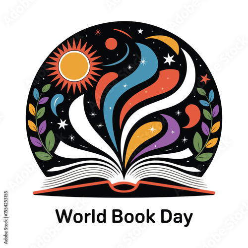World Book Day Illustration Colorful Open Book with Magical Elements