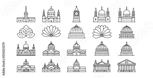 Collection of famous building icons in a clean line art silhouette style
