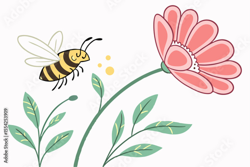 Cute bee buzzing around a flower, watercolor clipart style, ideal for nursery art, with a single object on a clean white background