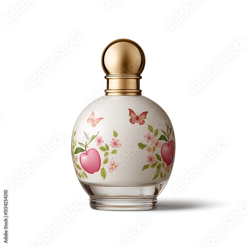 A perfume bottle with a floral and apple design, isolated on white background