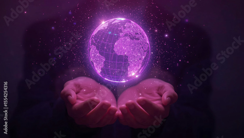Glowing Digital Globe with Global Network Connections Floating in Open Hands – Futuristic Technology Concept