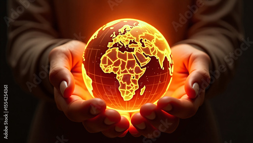Glowing Digital Globe with Global Network Connections Floating in Open Hands – Futuristic Technology Concept