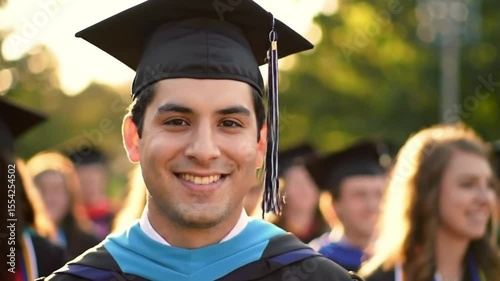Joyful young man in graduation cap and gown celebrating academic success outdoors