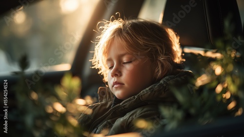 A young child peacefully sleeping in the backseat of a car, with soft sunlight illuminating their face.
