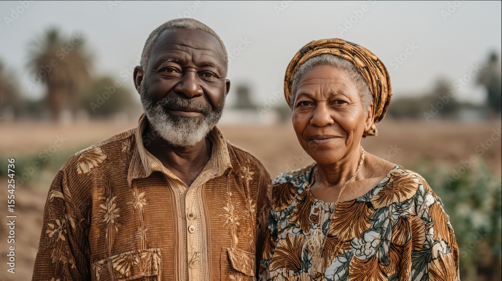 Naklejka premium An elderly couple stands together in a rural setting, smiling warmly at the camera. They are dressed in traditional clothing, with the woman wearing a headwrap