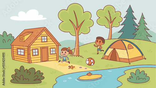 Cozy cartoon house illustration nestled in a summer forest landscape with trees and flowers, a perfect nature home