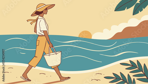 Beach woman enjoying the tropical sun and sea during her summer vacation, illustrated with a vibrant sky and palm trees