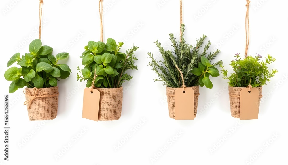 Fototapeta premium Five small potted herbs hang against a white background, each adorned with a simple brown tag.