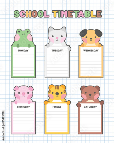 Cute school timetable for kids, kindergartens and elementary grades. Funny animals on weekly planner Monday to Saturday