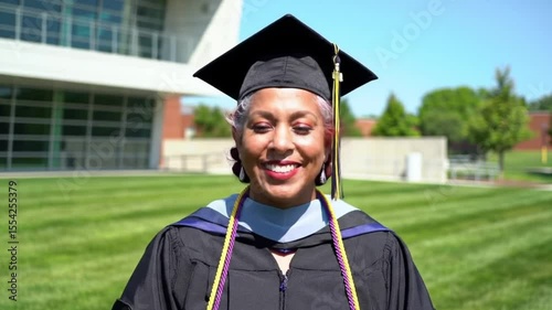 Joyful Adult Woman in Graduation Cap and Gown on University Campus, Celebrating Academic Success