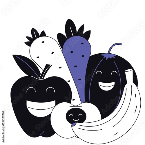Vector art of a cheerful collection of cute fruits and vegetables