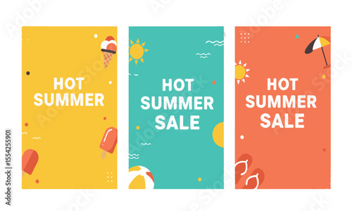 Triple panel summer sale vector design with vibrant icons, ideal for Instagram carousel, website banners, and product promos