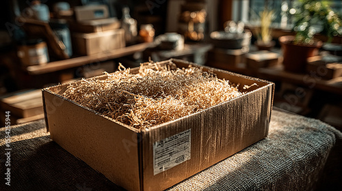 Cardboard shipping box filled with shredded paper packaging material, open and empty, prepared for packing handmade or fragile items, perfect visual for small shop logistics and shipping services