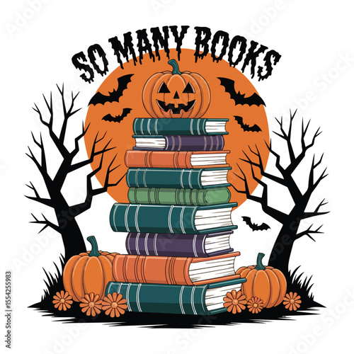 Halloween Book Stack Illustration Spooky Autumn Reading Art with Pumpkins