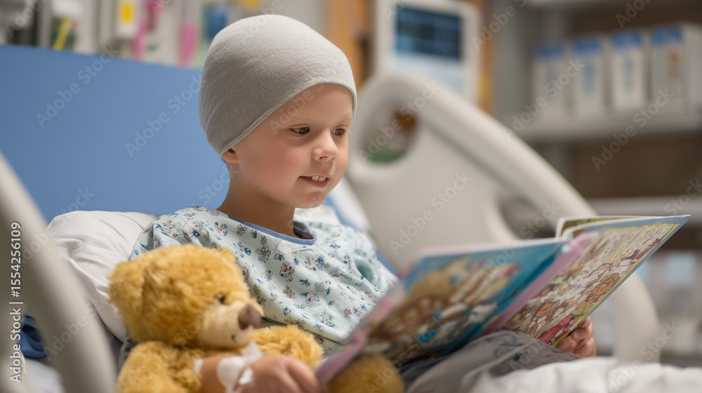 Naklejka premium Hope and Resilience in Childhood Cancer: A young child with cancer reading a book with a teddy bear in a pediatric hospital bed.