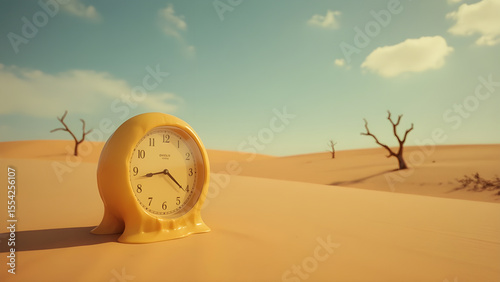 Melting Yellow Clock in Desert Landscape, vintage film look of surreal timepieces warping under 1960s film grain and soft blur tones