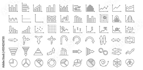 Chart icon and graph for statistic line or bar diagram with growth pie and graphic data. Use for analysis trend and pictogram by profit algorithm report. Business infographic title. Vector.