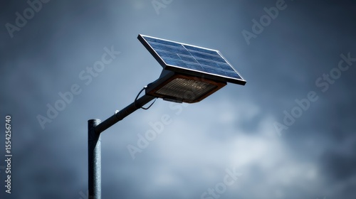 Solar Street Light with Photovoltaic Panel Against a Dramatic Cloudy Sky