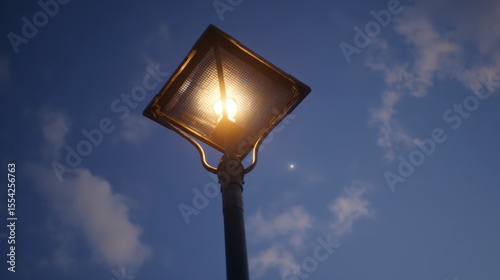 Illuminated Streetlight Casting Warm Glow Against Twilight Sky with Soft Clouds at Dusk