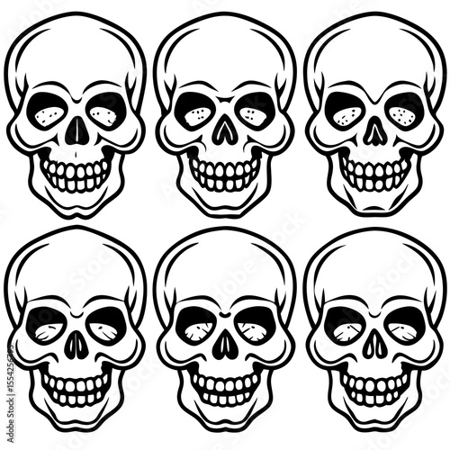 Six stylized black and white human skulls in a grid pattern