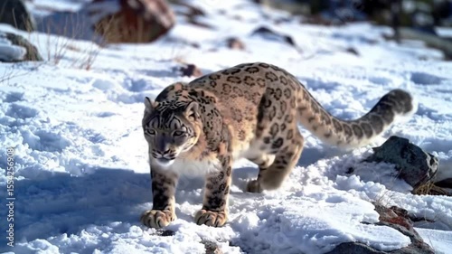 Majestic Snow Leopard Prowling in its Natural Snowy Mountain Habitat, High Altitude Wildlife in Winter Landscape