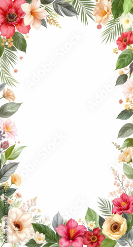 Realistic summer floral border with tropical flowers and green leaves on white background