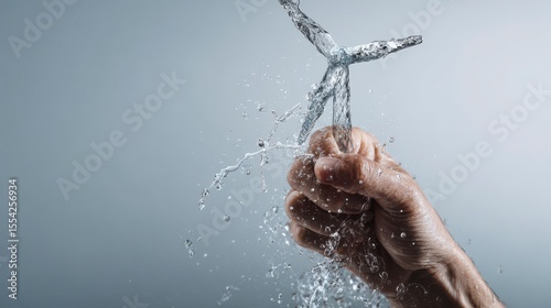 Powerful Hand Gripping Water Creating Splashes in a Dynamic Moment on a Grey Background