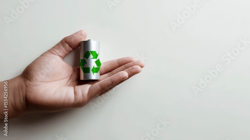 Hand Holding a Recyclable Battery with Green Recycling Symbol for Eco-Friendly Energy Conservation