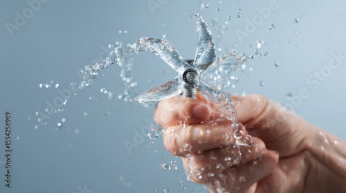 Hand Holding a Stainless Steel Blender Blade with Water Splash in a Dynamic Kitchen Setting