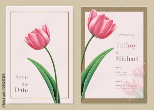 Elegant tulip wedding invitation featuring soft pink flowers, gentle gradients and golden frame details. Ideal for summer wedding card, romantic stationery or printable bridal announcement templates.