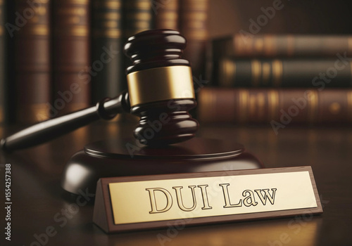 DUI Law Office Desk with Wooden Judge’s Gavel, Gold Nameplate, and Legal Books in Background – Legal Justice Concept