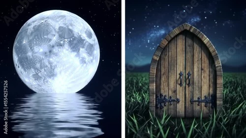 Night Fantasy: Full Moon Reflection & Mysterious Door in Starry Landscape